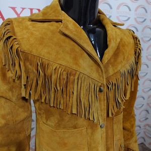 Venta caliente Unisex Suede cuero flecos lona Vintage motocicleta chaqueta hecha a mano borla impermeable - Product Image 2