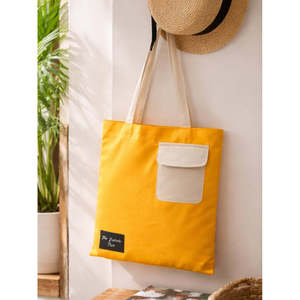 Mustard Pocket Cotton <b>Canvas</b> Tote Bag with Zipper Closure Shoulder Handle Yellow Unique Pattern Top Selling Promotional Bags - Product Image 1
