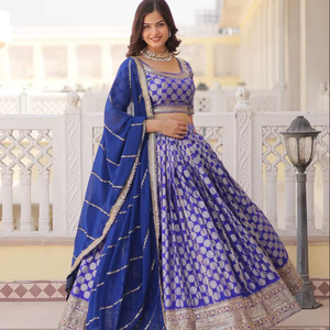 Blue Designer Dyeable Pure Viscose Jacquard Fabric Lentejuelas Bordado Work Lehenga Choli & Dupatta Set para bodas, fiestas - Product Image 1