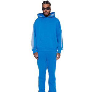 2023 High Street plus confortable hommes bleu goutte épaule côté Spray lavé détails pull à capuche avec poche kangourou à vendre - Product Image 3