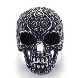 Anillo de Calavera de Acero Inoxidable para Hombre, Estilo Motero, con Incrustaciones Plateadas, Tallas 8-14, Estilo Moderno - SR43 - Product Image 3