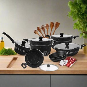 Chef Premium Quality Marble Coating Nonstick Cookware Set Taper Series 21 Pcs Black New Modern Design Glass <b>Pans</b> for Cooking - Product Image 2