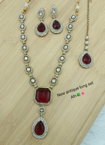 Latest <b>Pearl</b> Antique Long Kundan Necklace Set with Earrings & Maang Tikka Ruby Red Indian Bridal <b>Jewelry</b> for Women - Product Image 2