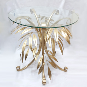 Mesa central Aluminio Material de vidrio transparente Base en forma de hoja Flor media Color dorado Parte superior redonda 20x20x25 pulgadas - Product Image 6