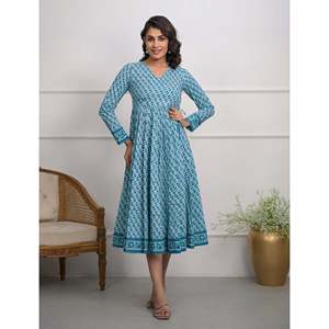 Vestido de Algodón Angrakha con Estampado Azul, Informal, para Fiestas, Transpirable, Cintura Imperio, Tallas XS a 5XL - Product Image 1