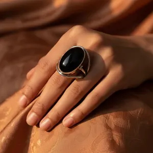 Women's 925 <b>Silver</b> Onyx <b>Statement</b> <b>Ring</b> Handmade Boho Jewelry with Gold & Rhodium Plating Cut Stone Inlay - Product Image 3