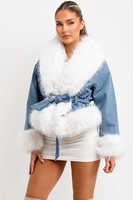 Chaqueta Vaquera Azul Premium con Peluche Sintético Blanco, Diseño de Manga Larga y Abullonada para Mujer, para Todas las Temporadas, Cómoda, Venta al Por Mayor