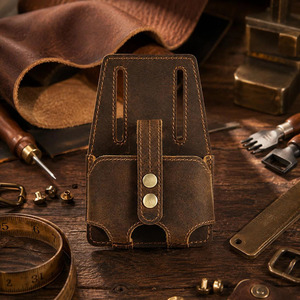 Porte-mètre à ruban en cuir véritable robuste, pochette de ceinture à outils pour charpentier, électricien, construction, avec passant de ceinture, fournisseur en gros - Product Image 3