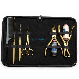 Kit Profesional de Herramientas para Extensiones de Cabello de Acero Inoxidable con Mango Dorado, Alicates para Micro Anillos, Gancho de Bucle, Tijeras y Estuche para Uso en Salón - Product Image 1