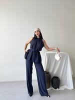 Ensemble pantalon deux pièces personnalisable pour femme, col licou, sans manches, longueur genou, en polyester tissé uni, coupe classique, toutes saisons, vente en gros