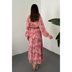 <b>Pink</b> Solid Autumn Breathable Long Sleeve Midi Dress with Piping Detail-100% Cotton Woven Natural Waist A-Line Silhouette - Product Image 5