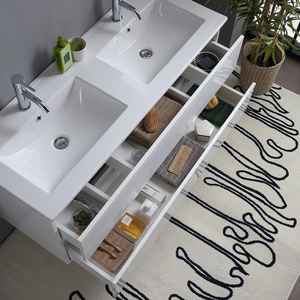 Meuble de salle de bain mural en acrylique blanc brillant de 120 cm, deux pièces, avec tiroirs, double vasque, miroir, lampes Baltimora, ensemble de salle de bain - Product Image 4