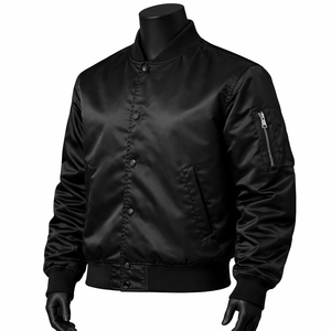 Chaqueta Bomber Negra de Satén 100% Poliéster Personalizada al por Mayor con Botones a Presión, Ligera, Informal, de Moda Urbana - Product Image 3