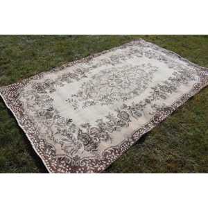 Turkish 5.2x8.8 ft Rug, Large Vintage Rug, <b>Brown</b> Bordered <b>Wool</b> Rug - Product Image 3