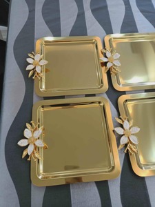 Juego de 3 bandejas de servir blancas con baño de oro, ideales para fiestas, té de la tarde, bodas y decoración de hogar de lujo, de la India. - Product Image 4