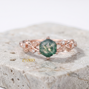 Anillo de Compromiso de Ágata Musgosa Hexagonal, Anillo de Lujo de Ágata Musgosa con Hojas y Ramas en Oro de 18K, Joyería Nupcial Inspirada en la Naturaleza con Acentos de Diamantes - Product Image 4