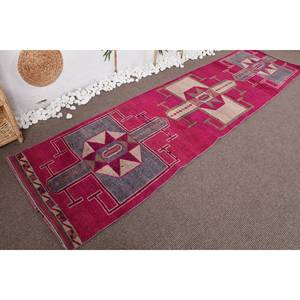 Tapis Vintage Turc Bohème Rose Bleu 2.9 X 10.8ft Laine Matériel Latex Support Rectangulaire Patchwork pour Entrée Chevet - Product Image 3