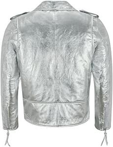 Men's Silver Tone High Quality Genuine Cowhide <b>Leather</b> Jacket Handmade Fashion Slim <b>Coat</b> Zipper New Style Hot Selling Factory - Product Image 2