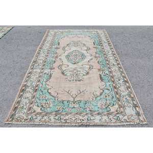 Alfombra turca Vintage azul Beige de 5,5x9,3 pies, alfombra rectangular hecha a mano, hecha abstracta, bambú, seda, poliéster, pasillo, habitación grande - Product Image 1