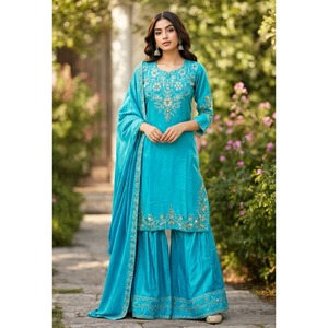 Conjunto de Kurta, Palazzo y Dupatta de Satén Bordado Azul Cielo para Mujer, Mangas Tres Cuartos, Primavera/Verano - Product Image 1
