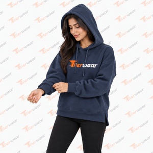 Tiierwear <b>Women's</b> <b>Navy</b> Blue Hooded Sweatshirt Regular Fit Cotton Casual Pullover With Front Pocket And Logo Print - Product Image 5
