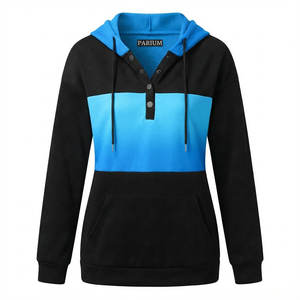 Sweatshirts à capuche pour femmes, sur mesure, à blocs de couleur, avec cordon de serrage, col Henley, poche kangourou, décontractés, vente en gros, hauts à enfiler - Product Image 4