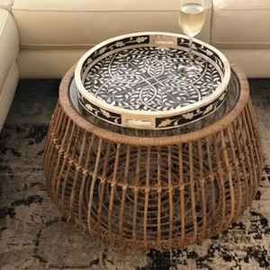 Plateau de service artisanal de taille personnalisée le plus vendu, incrustation de nacre ronde en bois et os, pour un usage domestique pour Diwali - Product Image 4