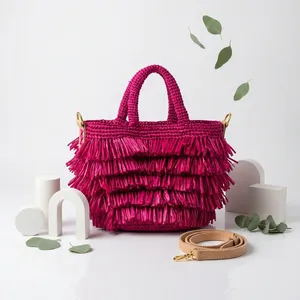 Bolso Tote Portátil de Rafia Bohemio Hecho a Mano para Verano, Cesta de Paja Tejida, Bolso de Mano con Cierre Personalizado, para Playa y Viajes, de Poliéster - Product Image 5