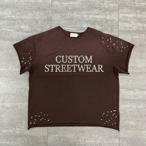 Custom Screen Print Raw Cut Collar Tee Heavyweight Boxy Gemstone Tshirt Sun Faded Acid Wash Raw Hem Splatters T Shirt - Product Image 2