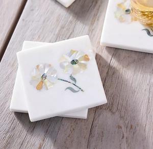 Round black marble <b>coasters</b> with floral inlay handmade natural stone <b>drink</b> <b>coasters</b> with holder decorative marble <b>coaster</b> set - Product Image 6