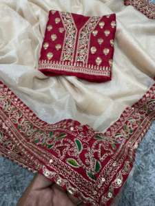 Sari de Sarga Suave Banarasi con Lentejuelas y Bordado de Encaje Dori para Mujer de la India - Product Image 2