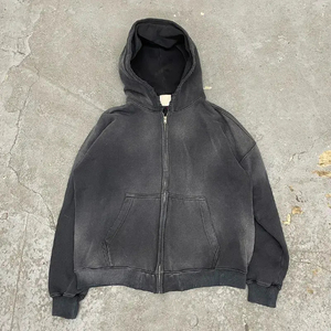 Sweat à capuche Streetwear personnalisé de haute qualité, polaire vierge, sweat à capuche vintage zippé à double couche, délavé à l'acide et délavé au soleil avec poches en détresse - Product Image 1