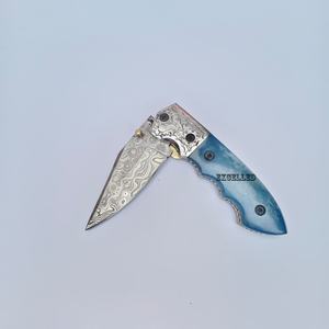 High Quality OEM Damascus Under <b>Lock</b> Folding <b>Knife</b> with Colored Camel Bone Handle Handcrafted Pocket DIY Utility Camping - Product Image 2