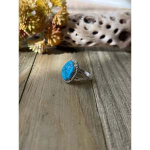 Navajo Handmade <b>Statement</b> <b>Ring</b> Kingman Turquoise Sterling <b>Silver</b> Size 9 Everyday Wear Gemstone <b>Ring</b> Natural Stone Inlay Setting - Product Image 4