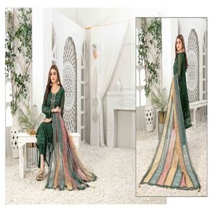 Conjunto de 3 piezas para mujer indio-pakistaní: Camisa semicompuesta con bordado elaborado, Dupatta elegante y Shalwar de viscosa sin coser TAWAKKAL - Product Image 6
