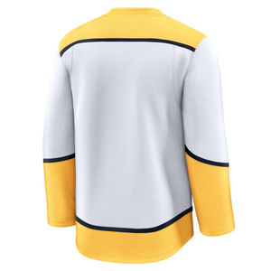Camiseta de Hockey - Blanca con Detalles Amarillos/Azul Marino, Logotipo de Cabeza de Depredador, Diseño Clásico a Rayas, Camiseta Deportiva con Estampados 3D HD - Product Image 3