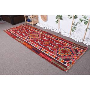 Alfombra Kilim turca Vintage de 3,1x9 pies, diseño de retales rojo y naranja, respaldo de látex de lana hecho a mano para adolescentes, pasillo rectangular de 10mm - Product Image 1