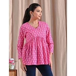Top Peplum Rosa de Algodón Estampado Jaipuri, Transpirable, Casual, con Cintura Imperio - Product Image 3