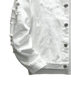 <b>Men</b> <b>White</b> Distressed Denim <b>Jacket</b> Ripped Trucker Style Casual Streetwear Button Front Classic Outerwear For <b>Men</b> - Product Image 3