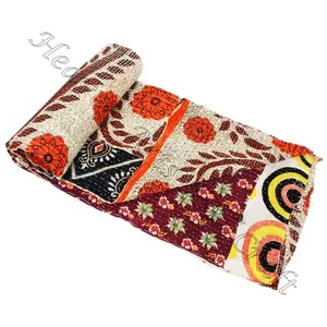 Bedspread Bedding Indian Reversible hand stitched heavy throw old sari Blanket patch Work heavy 3 to 7 layer kantha quilt