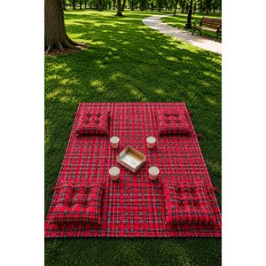 Burgundy Gingham Four-<b>Cushion</b> Picnic Set High Quality Water-Resistant Foldable PVC & Oxford Camping Mat for Outdoor Activities - Product Image 1