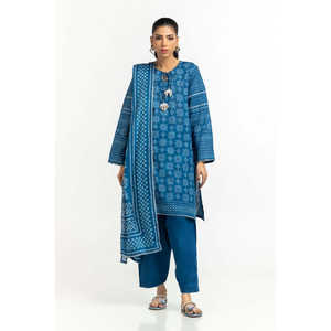 ชุดสูทผ้าลอนพิมพ์ลายสีน้ำเงิน 3 ชิ้นสำหรับผู้หญิง ดีไซน์ทันสมัยสำหรับสาวออฟฟิศ ตกแต่งด้วยกระดุม - Product Image 4