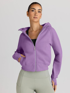 Sweat à capuche coupe ajustée à manches longues décontracté à la mode pour femmes avec polaire de couleur unie imprimé sur mesure de haute qualité - Product Image 5