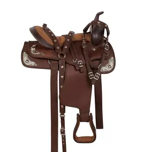 Conjunto de selim para trilha, mais novo projetado de couro marrom, cavalo e cavalo, conjunto de 10 "a 18" texas star ocidental trilha do prazer