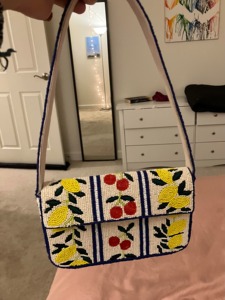 The Craft Exim Hand Beaded Square Bag with Lemon Cherry Pattern Embroidery Silk <b>Screen</b> Printed Classic Daily Use Travel Purse - Product Image 1