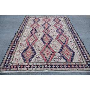 พรมตุรกีแบบดั้งเดิมพื้นที่ขนาดใหญ่ขนสีเบจสีแดง6.8x8.9ฟุตขนสัตว์แอบสแตรกต์มีลวดลายหนา10มม. สำหรับพรมห้องโถง - Product Image 1