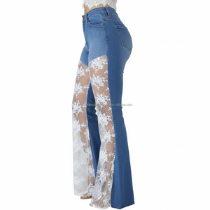 Vaqueros acampanados de cintura alta para mujer con encaje y paneles transparentes, pantalones de mezclilla de moda con parte inferior acampanada - Product Image 5