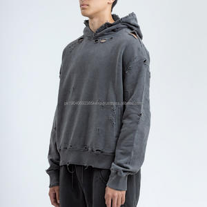 Sweat-shirts à capuche sans cordon avec ourlet coupé, broderie appliquée vieillie personnalisée, style urbain, 100% coton, délavage à l'acide léger - Product Image 3