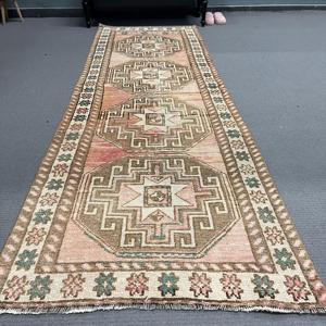 Turkish Vintage Rug, 3.2x9.3 ft Rug, <b>Brown</b> Floral <b>Wool</b> Rug - Product Image 2