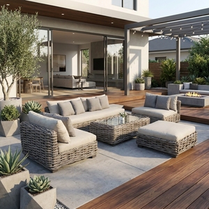 Grey <b>rattan</b> outdoor set chunky woven <b>sofa</b> set 5 piece patio lounge set grey wicker sectional <b>sofa</b> outdoor ottoman glass coffee t - Product Image 5